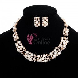 Colier cu cercei AS31A Auriu cu cristale si perle